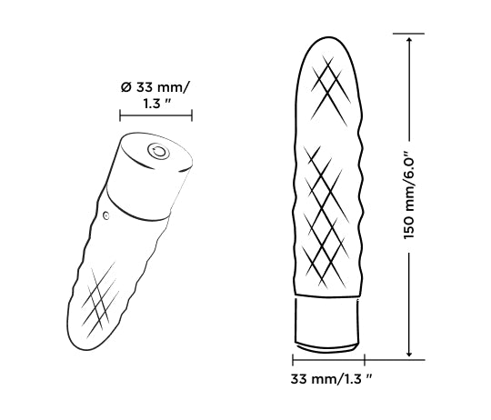 A technical drawing of romp beat with measurements and dimensions. The toy is 6 inches by 1.3 inches. 