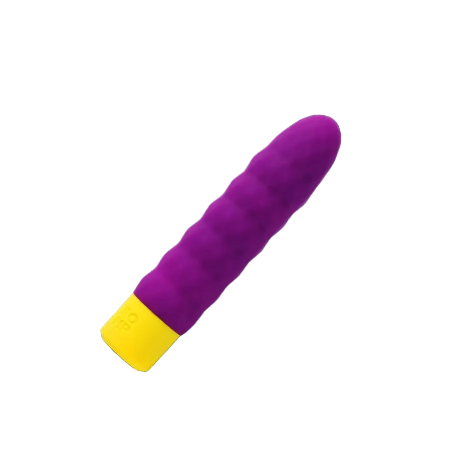 Purple and yellow vibrator with texture on the shaft