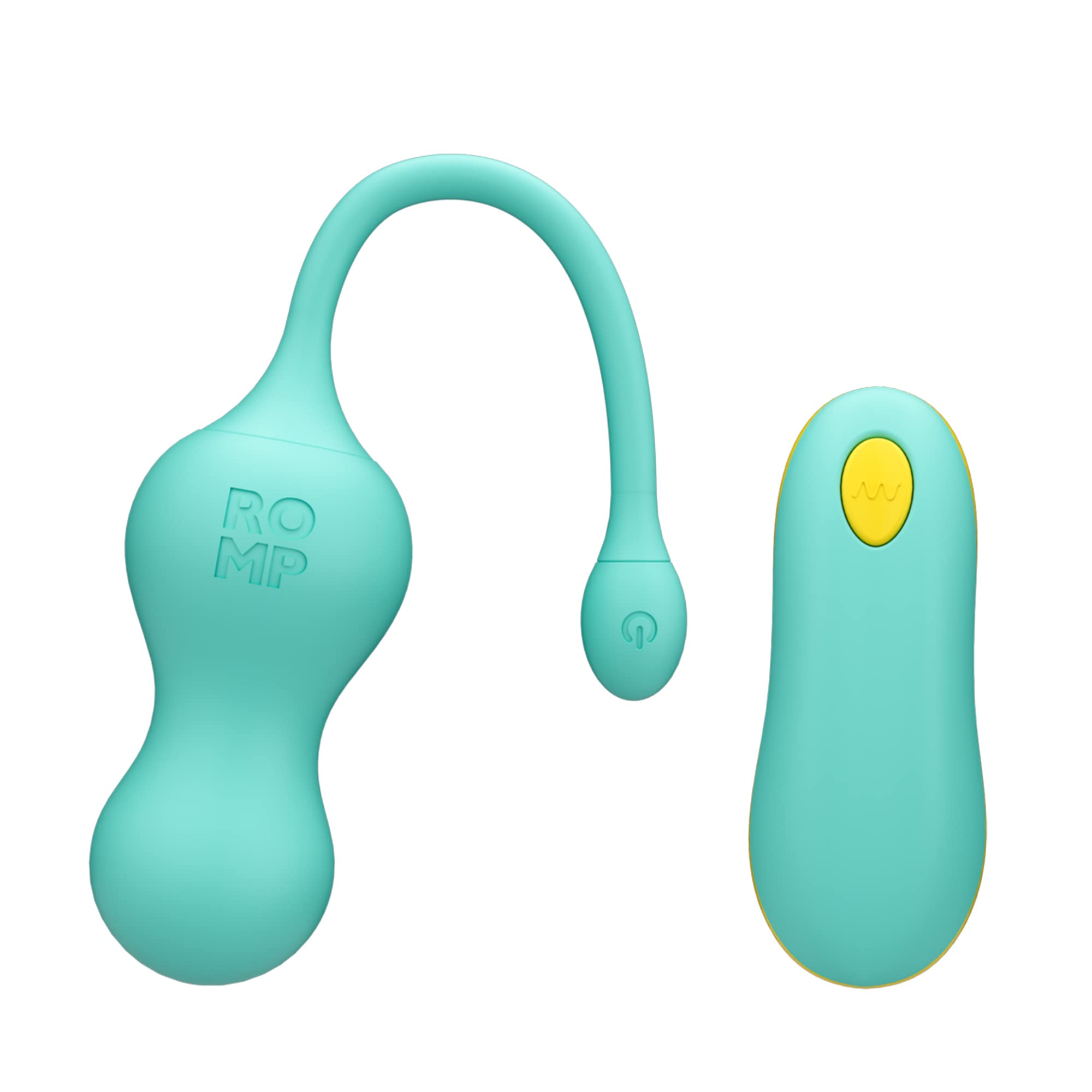 A teal-colored vibrating egg with a remote control. The egg is sleek and smooth with a small retrieval strap, and the remote has a yellow button.