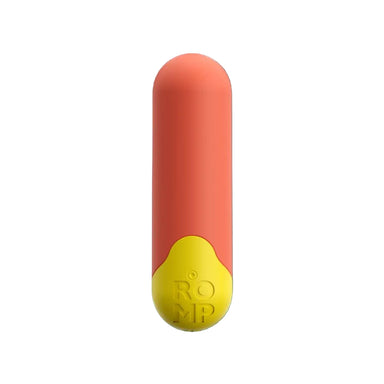 A small orange bullet vibrator with a yellow button on a white background. 