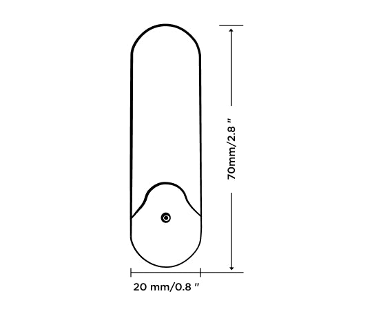 A line drawing of romp riot with the measurements written in. Romp riot is 2.8 inches by 0.8 inches. 
