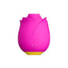 Pink rose shaped toy with a yellow base, from the back, showing the magnetic charging prongs 