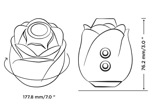 Line drawing of romp rose with measurements and dimensions. The toy is 3 inches tall with a 7 inch circumference 