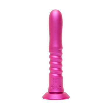 A pink thrusting vibrator on a white background