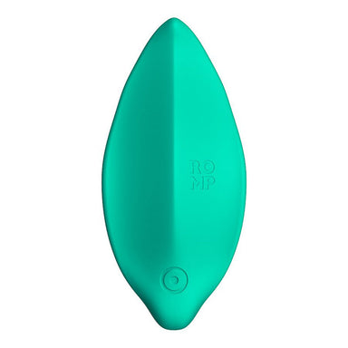 A mint coloured, leaf shaped lay on vibrator on a white background. 