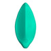 A mint coloured, leaf shaped lay on vibrator on a white background. 