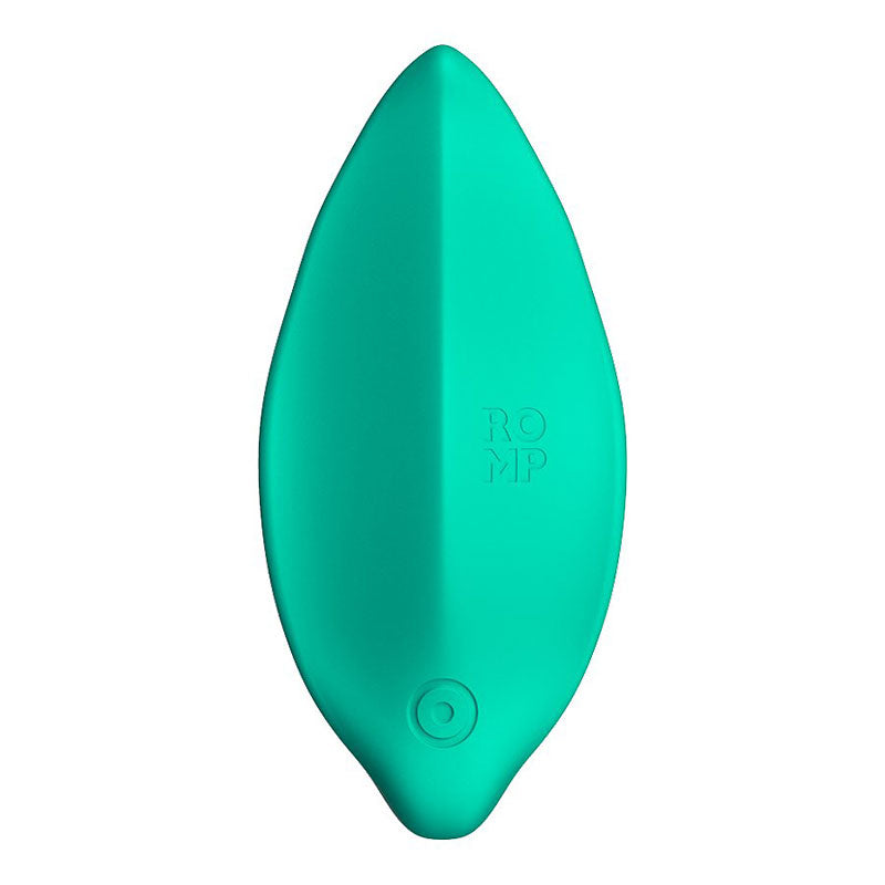 A mint coloured, leaf shaped lay on vibrator on a white background. 