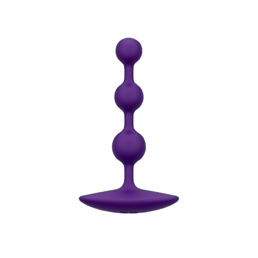 Purple silicone butt plug with 3 graduated beads on a white background