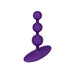 Purple silicone butt plug with 3 graduated beads on a white background