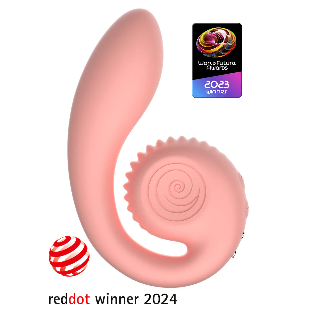 Peach snail vibe gizi on a white background with awards listed - red dot winner 2024, world future awards winner 2023