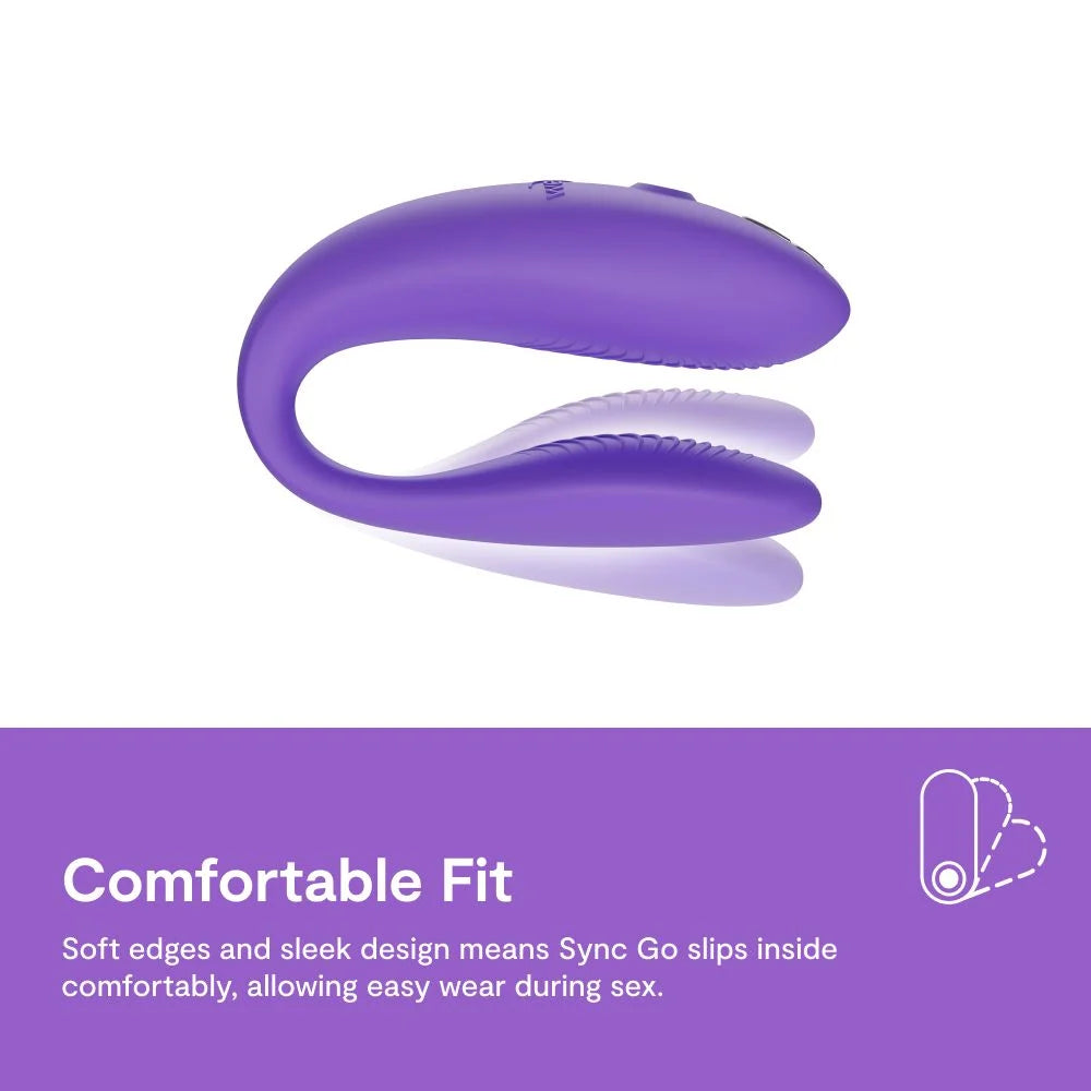 a photo of sync go from the side. The words at the bottom say "Comfortable fit. Soft edges and sleek design means sync go slips inside comfortably, allowing easy wear during sex." 
