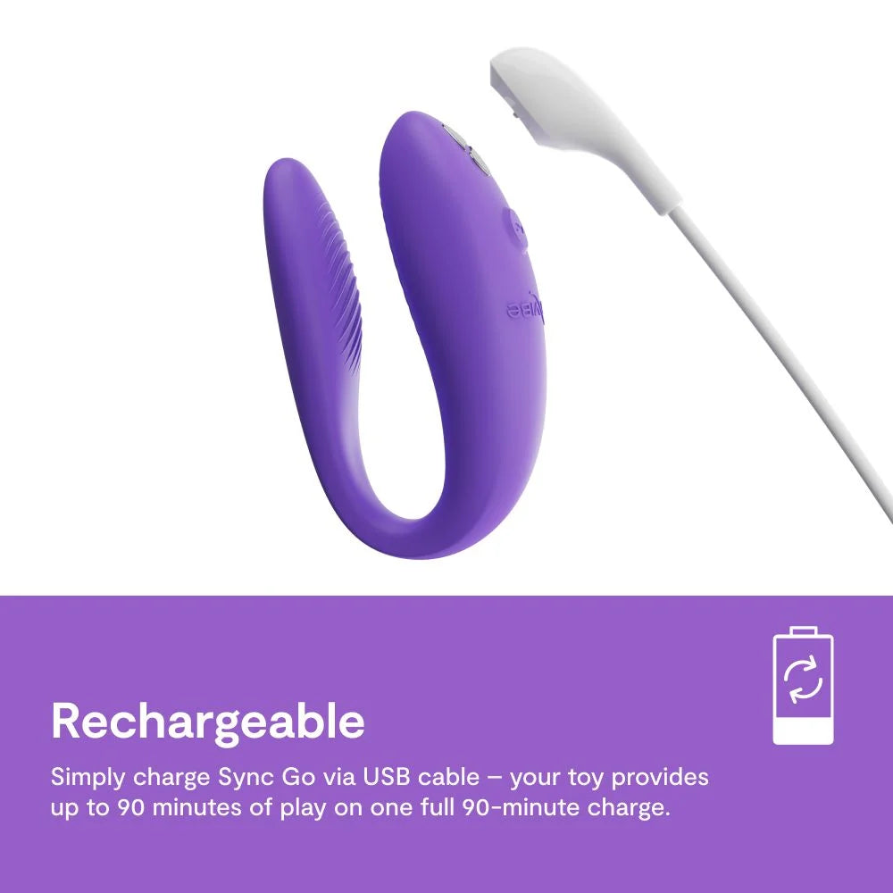Sync go with a charging cable. The words "Rechargeable. Simply charge sync go via USB cable. Your toy provides up to 90 minutes of play on one full 90 minute charge"