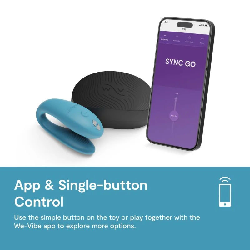 Sync go, travel case, and we-vibe app pictured. The words at the bottom say "App & Single button control. Use the simple button on the toy or play together with the we-vibe app to explore more options" 