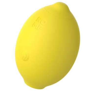 A bright yellow lemon shaped air-pulse sex toy. It has one power button and the word ROMP can be seen lightly etched into the toy.