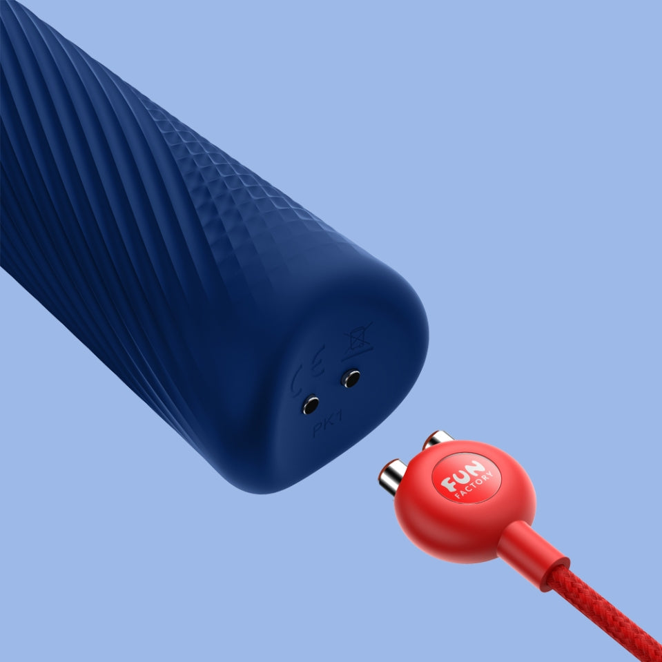 The base of the wand with the magnetic charging prongs is shown with the magnetic charging cable, which has a round end with 2 metal prongs. 