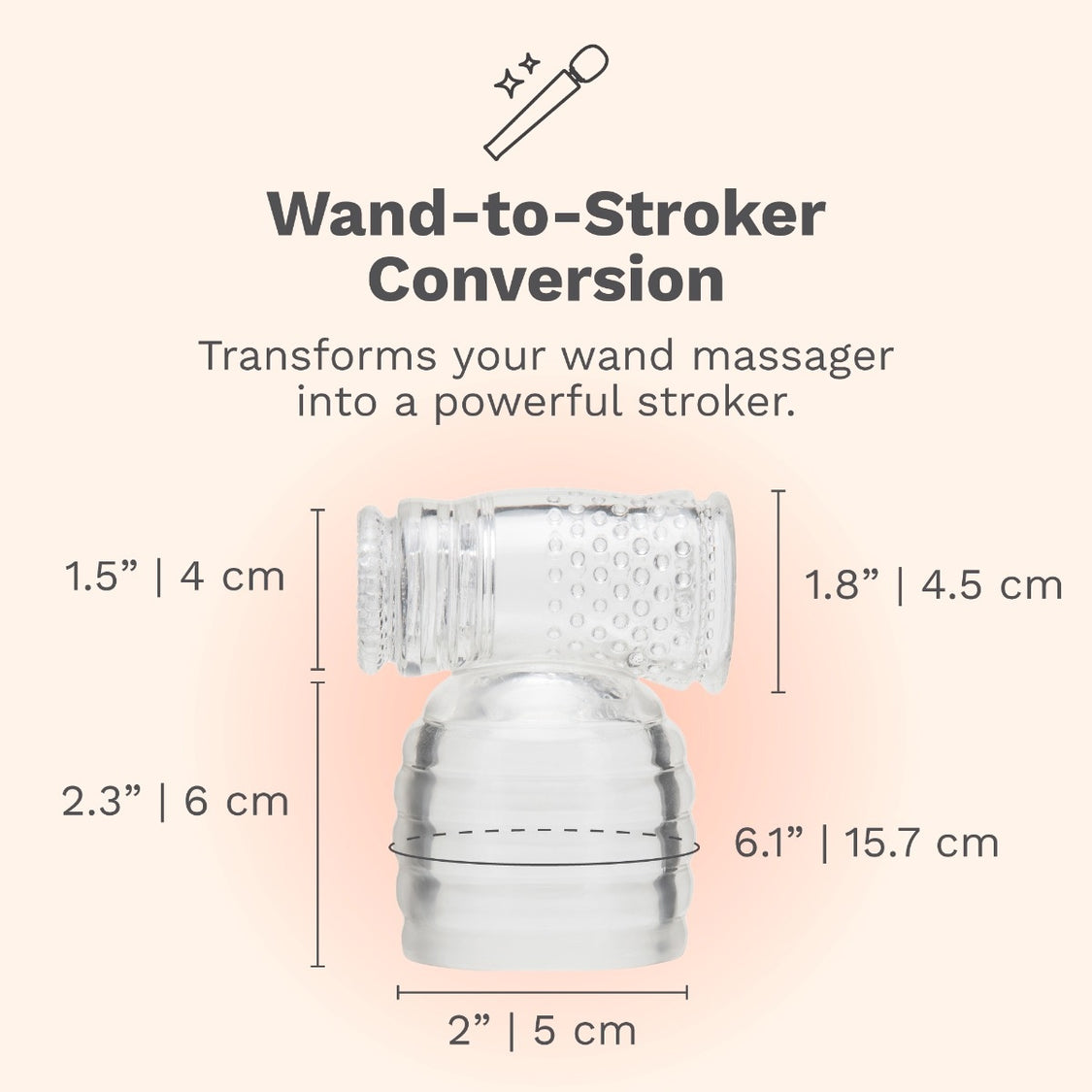 Wand-to-stroker conversion toy on a beige background with measurements, see caption