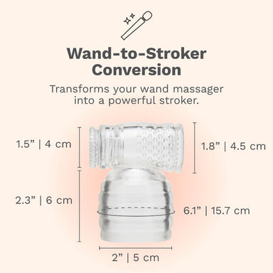 Wand-to-stroker conversion toy on a beige background with measurements, see caption