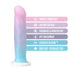 Lucky dildo next to text that says: harness compatible, suction cup base, fragrance and paraffin free, ipx7 waterproof, ultrasilk silicone, body safe - phthalate free