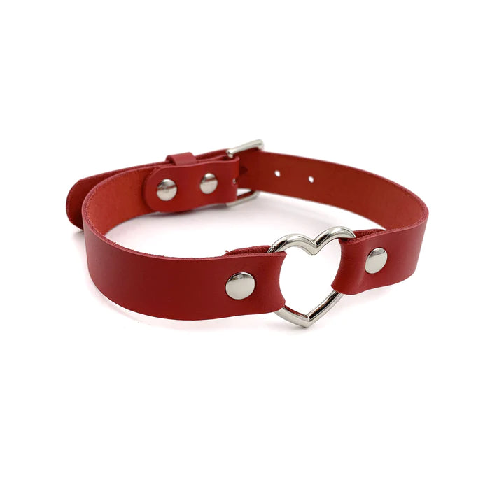 Red leather collar with silver heart-shaped ring