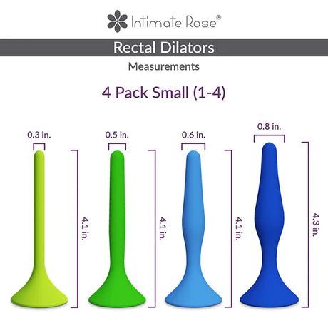 A diagram showing the lengths and widths of each rectal dilator. They are all 4.1 inches long. The widths are as follows: 0.3 inches, 0.5 inches, 0.6 inches, and 0.8 inches. 