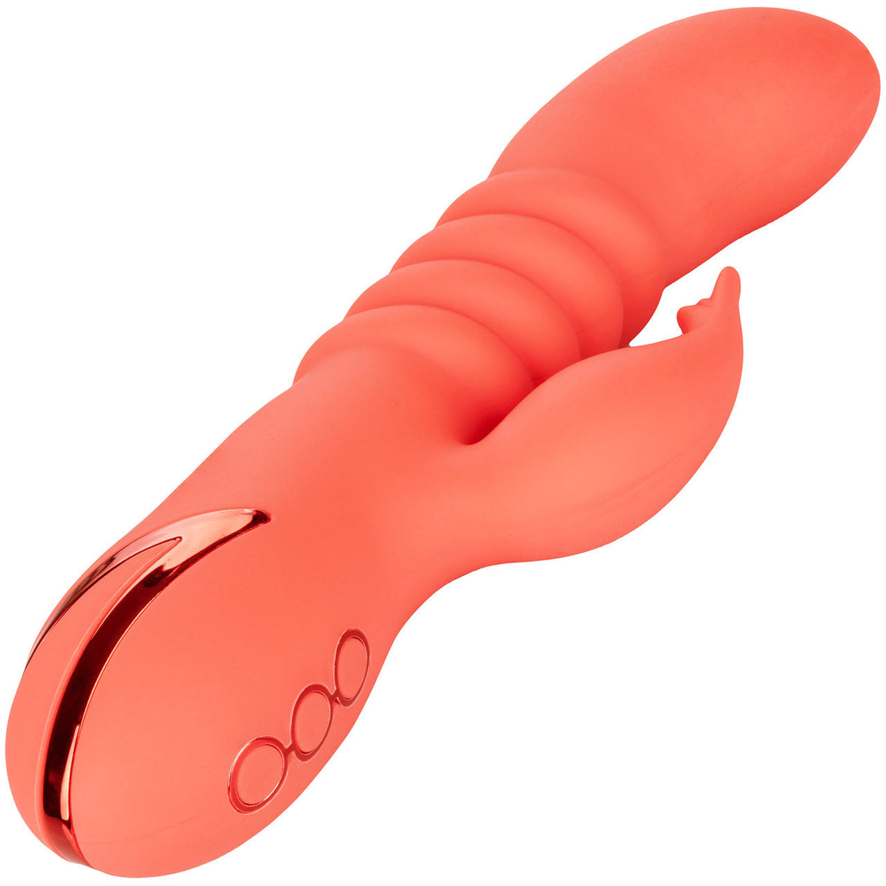 Orange vibrator with ribbed shaft, and attached clitoral arm diagonal