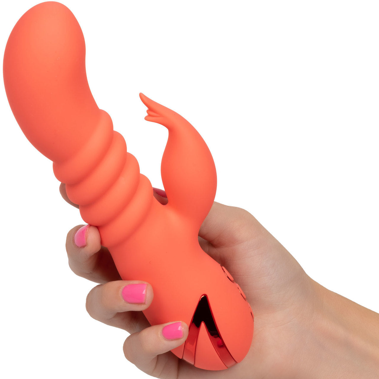 Orange vibrator with ribbed shaft, and attached clitoral arm diagonal in hand