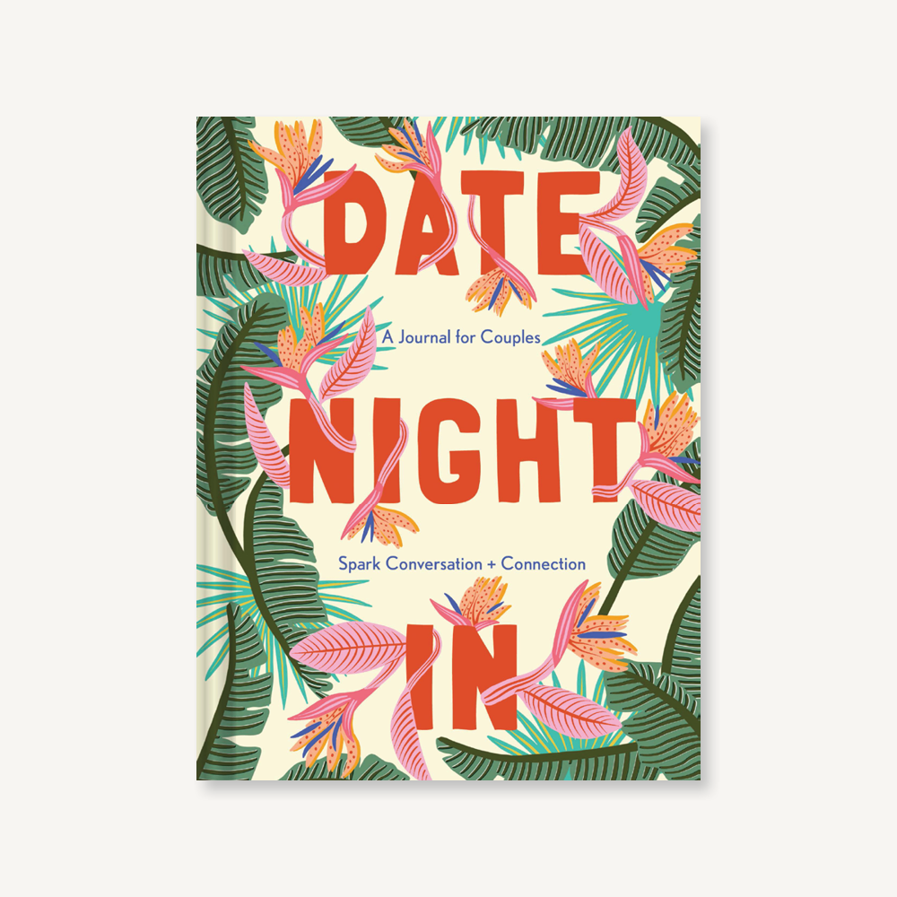 Cover reads Date Night In and depicts palm leaves and exotic flowers on a beige background