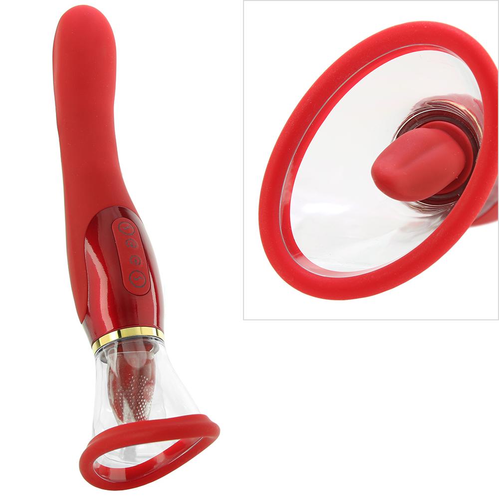 Alternate angle red vibrator, close up on tongue stimulator