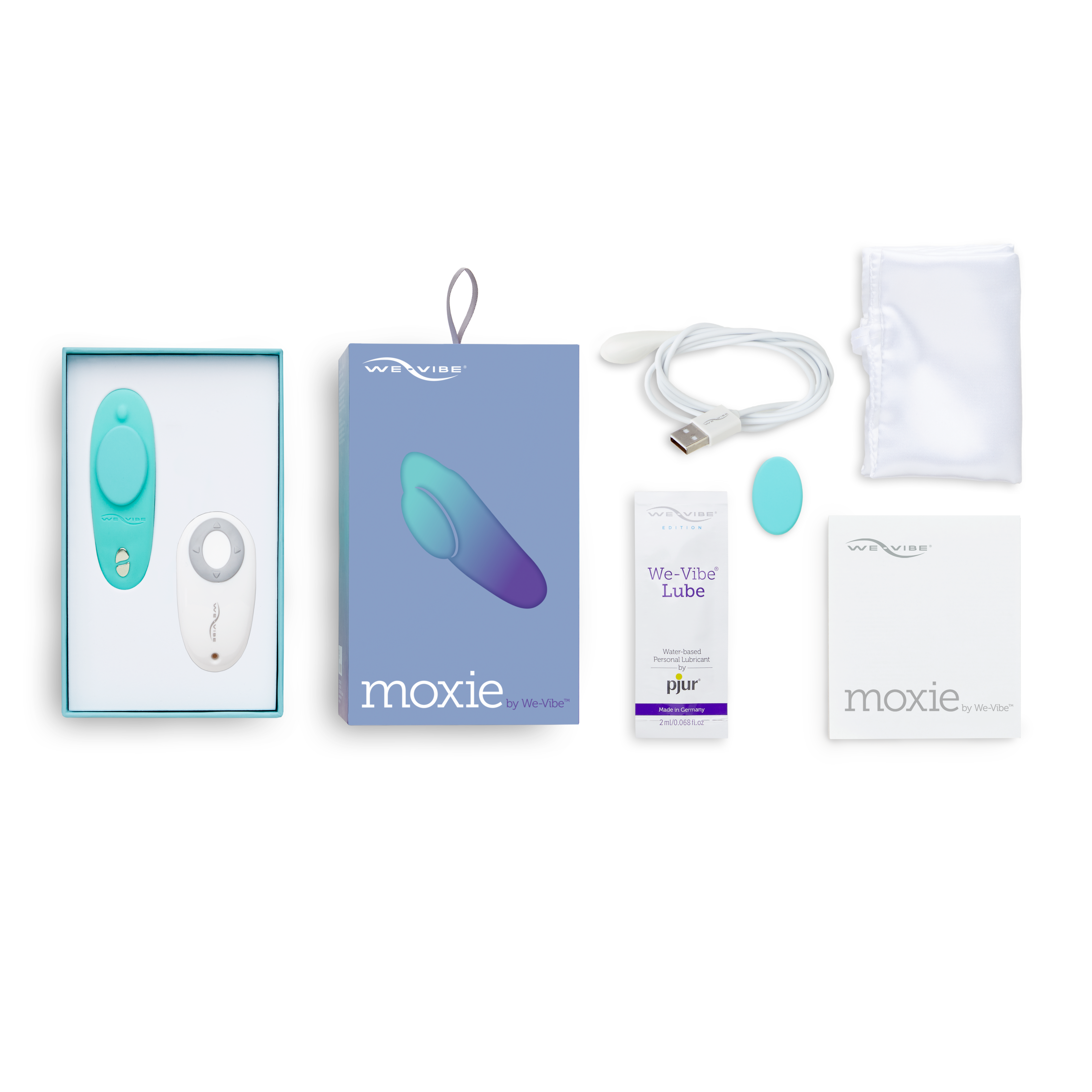 We-Vibe Moxie with all its box contents laid out