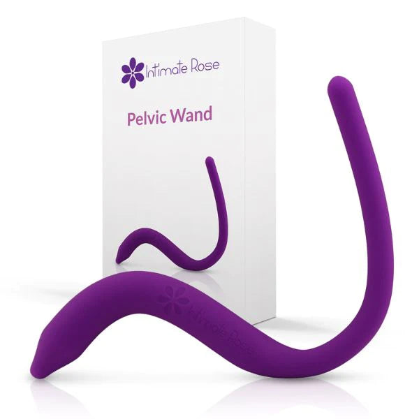 The Pelvic Wand is pictured in front of it's packaging, a simple white box with a photo of the wand and the Intimate Rose logo.