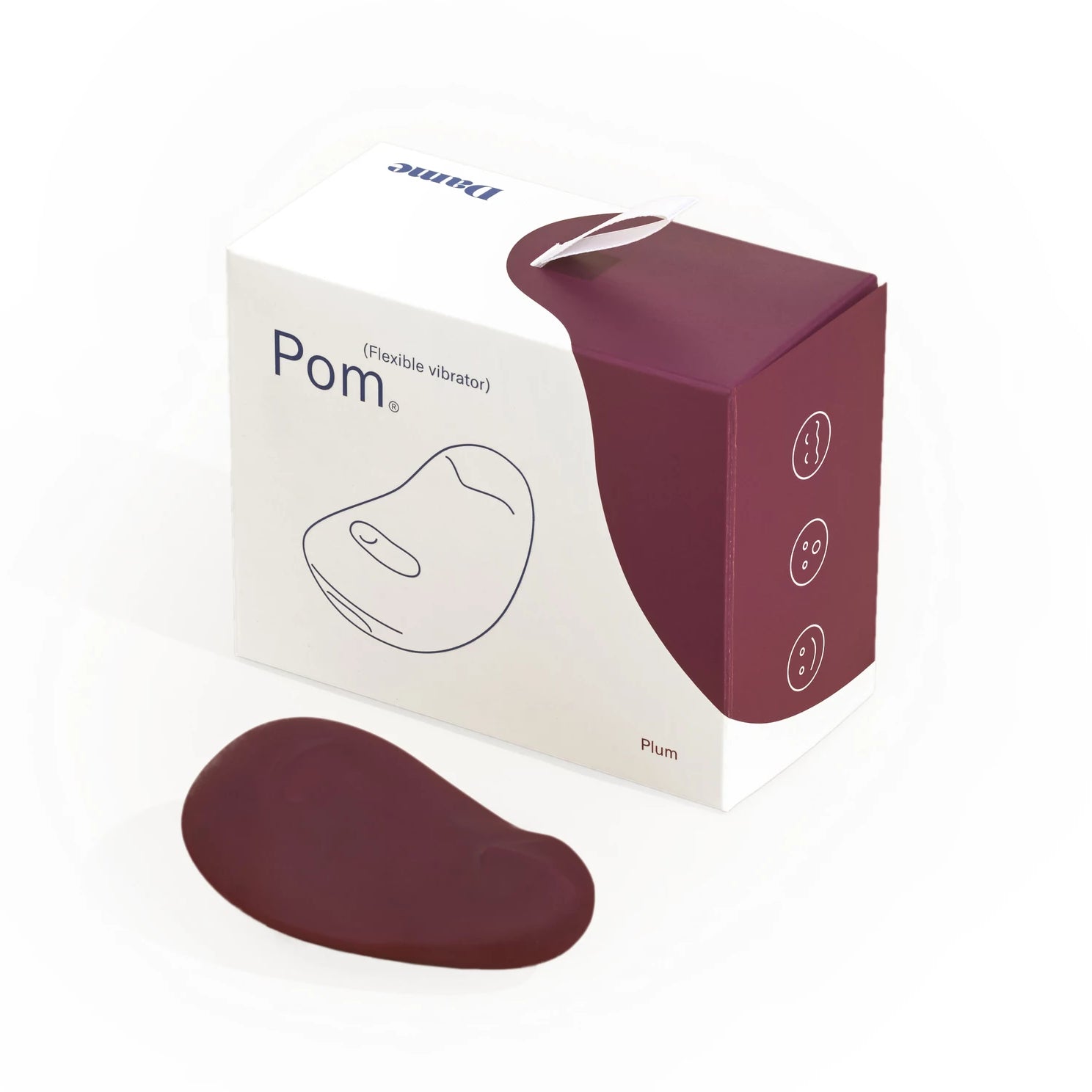 Dame Pom in Plum in front of packaging