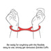 Cartoon image of hands in red quickie cuffs. Text reads: Be ready for anything with the flexible, easy to use, strong yet sensuous Quickie Cuffs.