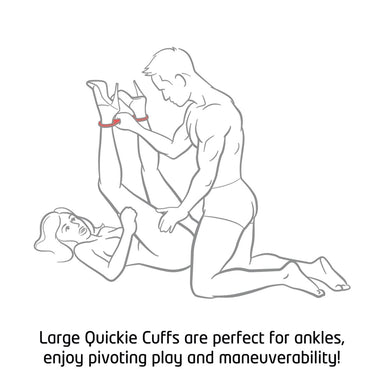 Image of one person holding up another's legs in quickie cuffs. Text reads: Large quickie cuffs are perfect for ankles, enjoy pivoting play and maneuverability!