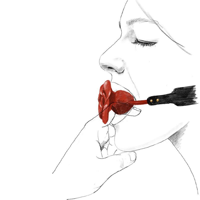 Drawing of a woman wearing rose ball gag, with a finger going through the hole in the gag